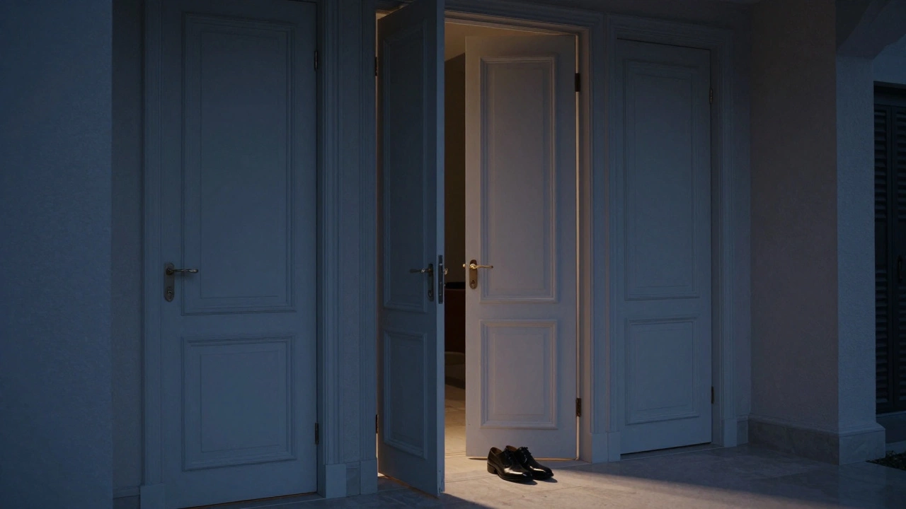 A dim hallway in a Dubai villa with one open door and a pair of shoes left outside, conveying absence and transition.