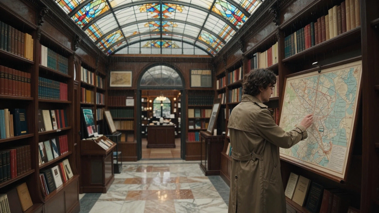 An elegant 19th-century arcade in Paris with stained-glass ceiling and quiet bookshops on a rainy day.