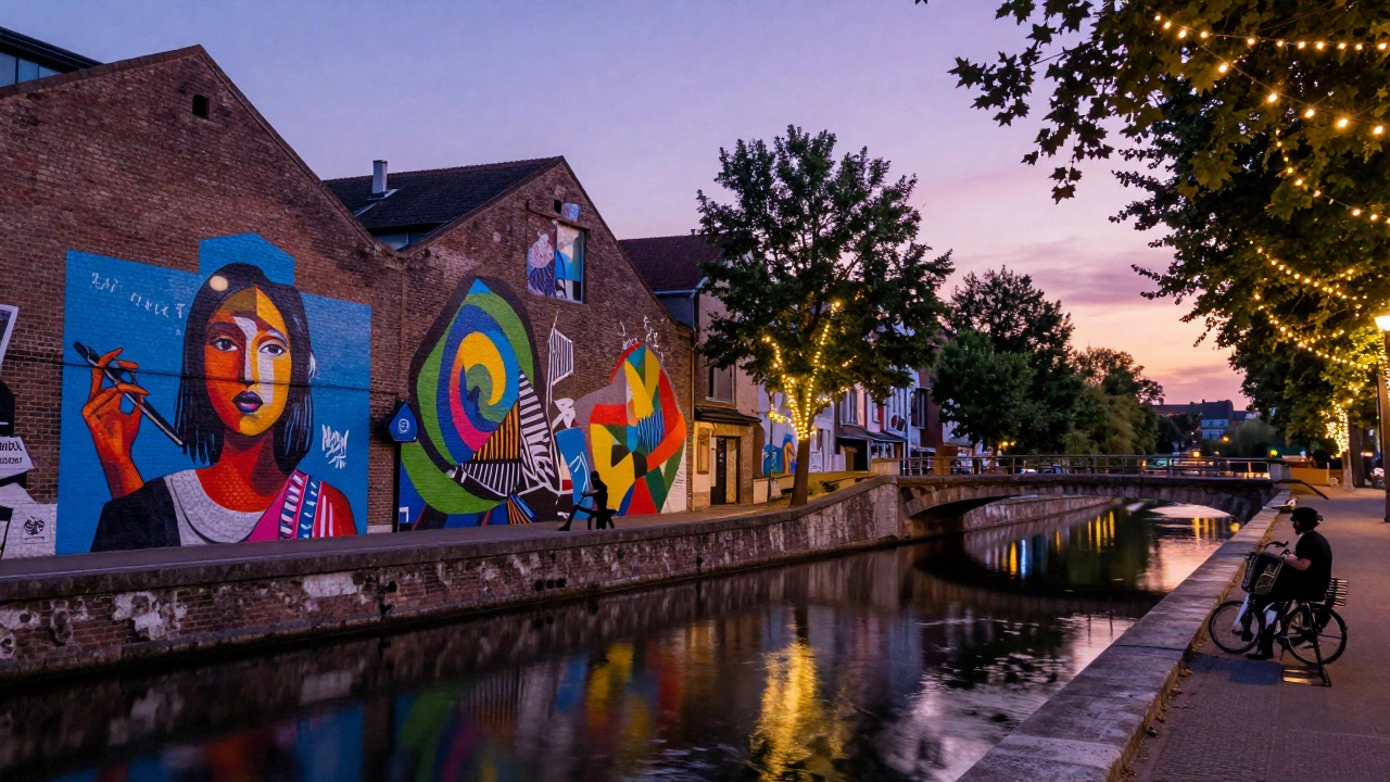 Canal Saint-Martin at dusk with colorful murals and reflections, a cyclist passing under a bridge.