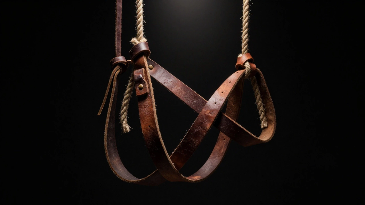 Leather straps and braided ropes suspended in darkness, lit by a single beam, emphasizing texture and discipline.